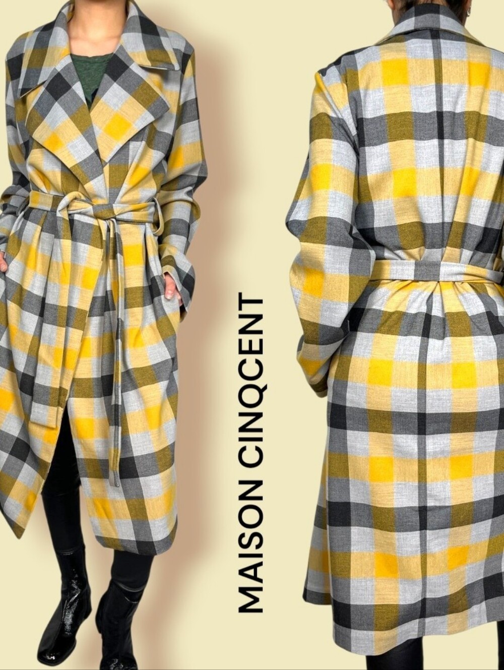 Buffalo Plaid Belted Trench Coat MAISON CINQCENT 500 Yellow & Gray - XS - NWT